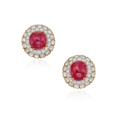 View full screen - View 1 of Lot 51. Pair of Ruby and Diamond Earclips.