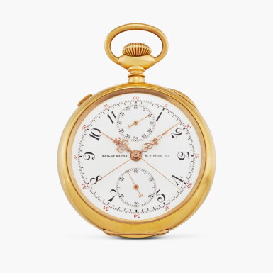 View full screen - View 1 of Lot 128. Retailed by Bailey Banks & Biddle Co.: A yellow gold open-faced keyless split-seconds chronograph watch with 60-minute register, Made in 1903.