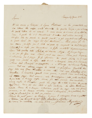 View full screen - View 1 of Lot 25. G. Meyerbeer, Fine early autograph letter to Giovanni Ricordi about "Romilda e Costanza", 24 April 1818.