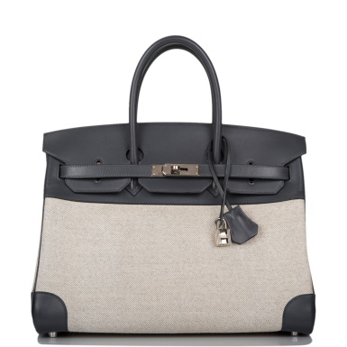 View full screen - View 1 of Lot 2. HERMÈS | BLEU INDIGO BARENIA AND TOILE BIRKIN 35CM WITH PALLADIUM HARDWARE.