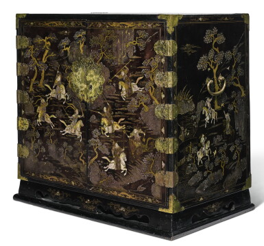 View full screen - View 1 of Lot 323. A MOTHER-OF-PEARL-INLAID BLACK LACQUER CABINET QING DYNASTY, KANGXI PERIOD | 清康熙 黑漆嵌螺鈿人物故事圖方角櫃.