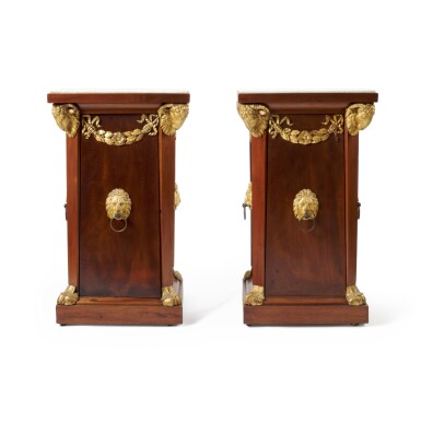 View full screen - View 1 of Lot 114. A pair of Italian parcel-gilt and walnut pedestal cupboards, possibly Naples, first half 19th century.