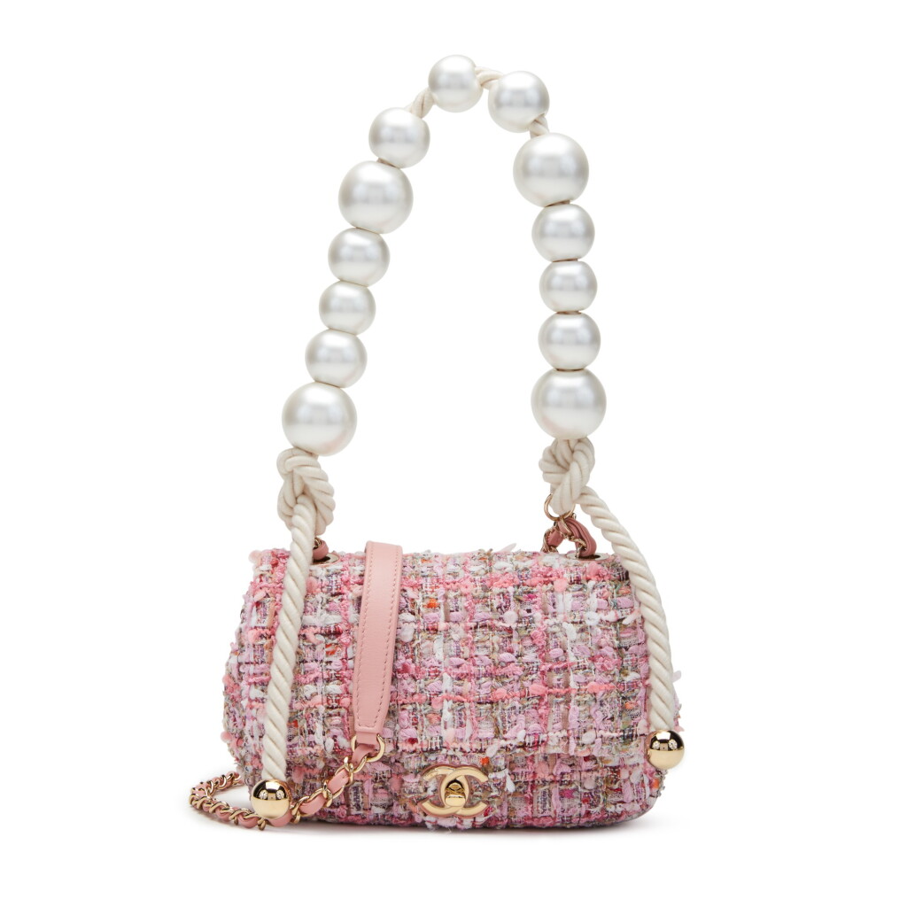 View full screen - View 1 of Lot 160. Pink and Multicolor Tweed Mini Large Pearl Single Flap Handle Bag Gold Hardware, 2019.