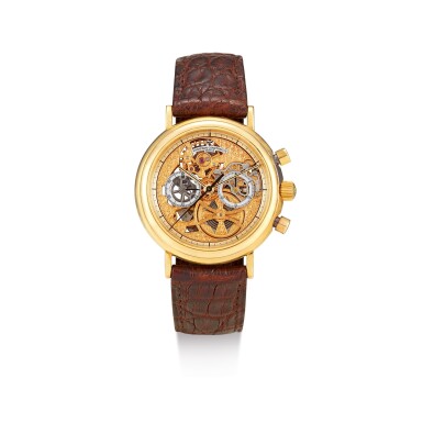 View full screen - View 1 of Lot 377. VACHERON CONSTANTIN | PATRIMONY SQUELETTE, REFERENCE 47100 A YELLOW GOLD SKELETONISED CHRONOGRAPH WRISTWATCH, CIRCA 1992.