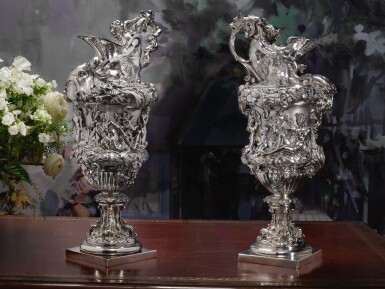 View full screen - View 1 of Lot 7. A PAIR OF LARGE AND HEAVY EARLY VICTORIAN SILVER EWERS, FROM THE COLLECTION OF SOPHIA LOREN, JOHN FIGG, LONDON, 1838-39.