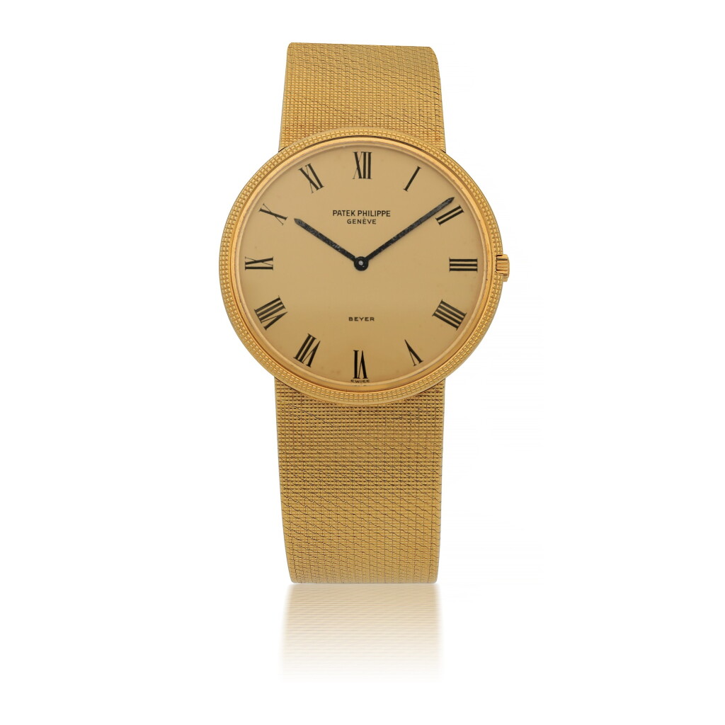 View full screen - View 1 of Lot 101. PATEK PHILIPPE | CALATRAVA, BEYER, REFERENCE 3588/1 YELLOW GOLD BRACELET WATCH MADE IN 1972.
