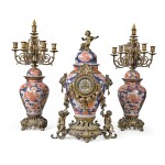 A FRENCH GILT-BRONZE AND IMARI PORCELAIN THREE-PIECE CLOCK GARNITURE, CIRCA 1880