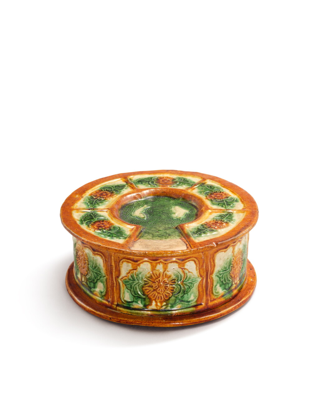 View full screen - View 1 of Lot 5125. A sancai-glazed 'fish' inkstone, Liao dynasty | 遼 三彩印雙魚花卉紋硯.
