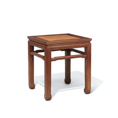 View full screen - View 1 of Lot 381. A huanghuali corner-leg stool, Qing dynasty, 18th century | 清十八世紀 黃花梨有束腰馬蹄足羅鍋棖方凳.