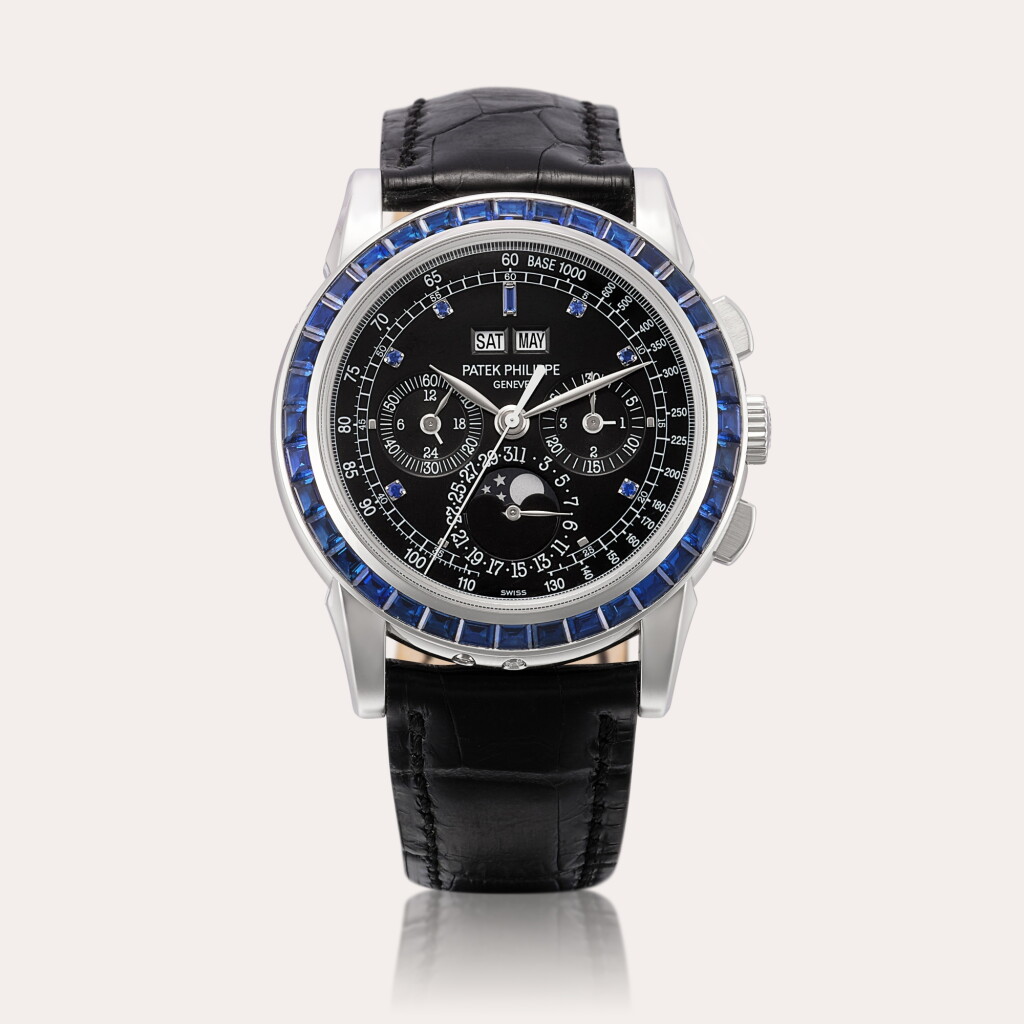 View full screen - View 1 of Lot 2303. Reference 5971 | A platinum and sapphire-set perpetual calendar chronograph wristwatch with moon phases, leap year and 24 hour indication, Circa 2011.