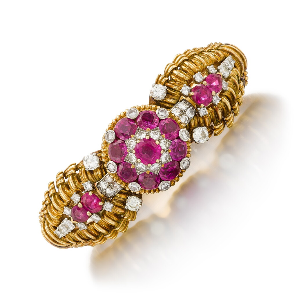 View full screen - View 1 of Lot 85. Ruby and Diamond Bracelet/Watch, circa 1940 .