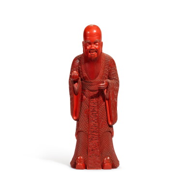 View full screen - View 1 of Lot 431. A large carved cinnabar lacquer figure of Shoulao, Qing dynasty, 19th century | 清十九世紀 剔紅壽老立像.
