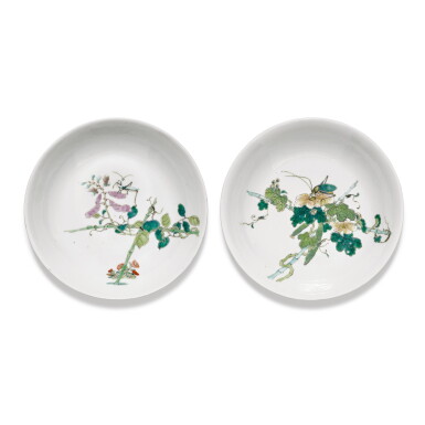 View full screen - View 1 of Lot 121. Two famille-rose 'fruit and insect' dishes Marks and period of Guangxu | 清光緒 粉彩竹蟲圖盤一組兩件 《大清光緒年製》款.