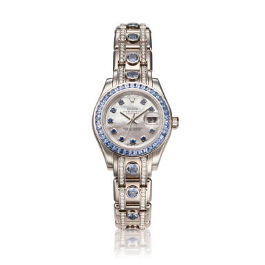 View full screen - View 1 of Lot 316. Reference 80309SACI Datejust Pearlmaster 'Octopus' A white gold, sapphire and diamond-set automatic wristwatch with date, bracelet, and mother-of-pearl dial, Circa 2007.