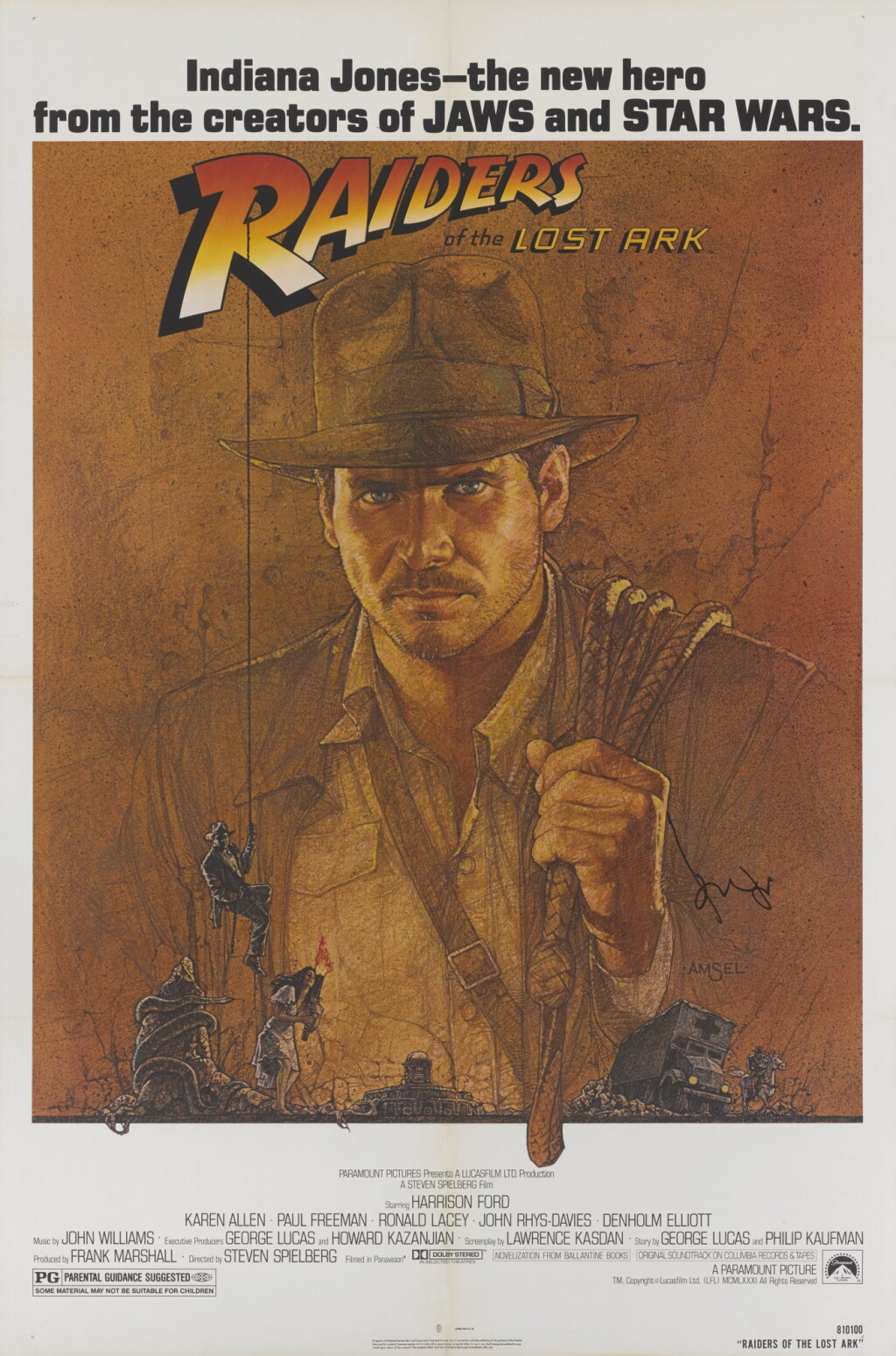 View full screen - View 1 of Lot 232. RAIDERS OF THE LOST ARK (1981) POSTER, US, SIGNED BY HARRISON FORD.