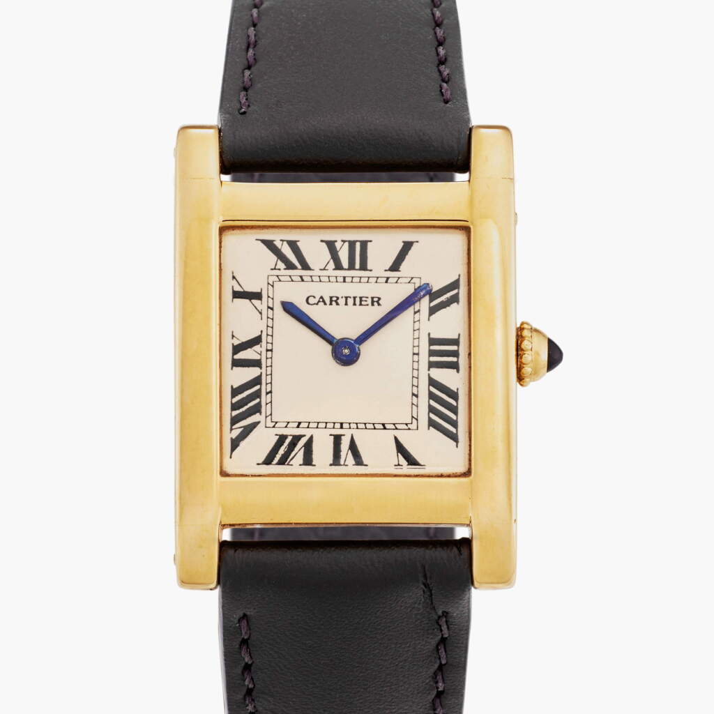 View full screen - View 1 of Lot 110. Tank Normale | A yellow gold rectangular wristwatch with yellow and pink gold deployant buckle, Circa 1950-51 .