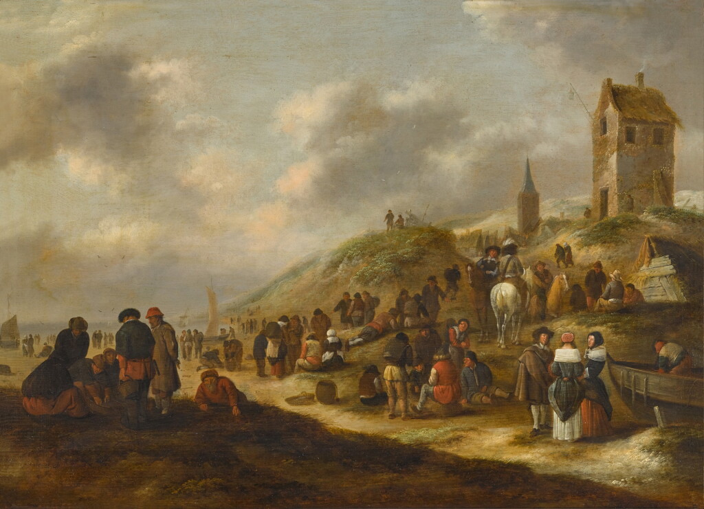 View full screen - View 1 of Lot 52. KLAES MOLENAER | THE BEACH AT SCHEVENINGEN, WITH ELEGANTLY-DRESSED FIGURES, AND FISHERMEN SELLING THEIR CATCH.