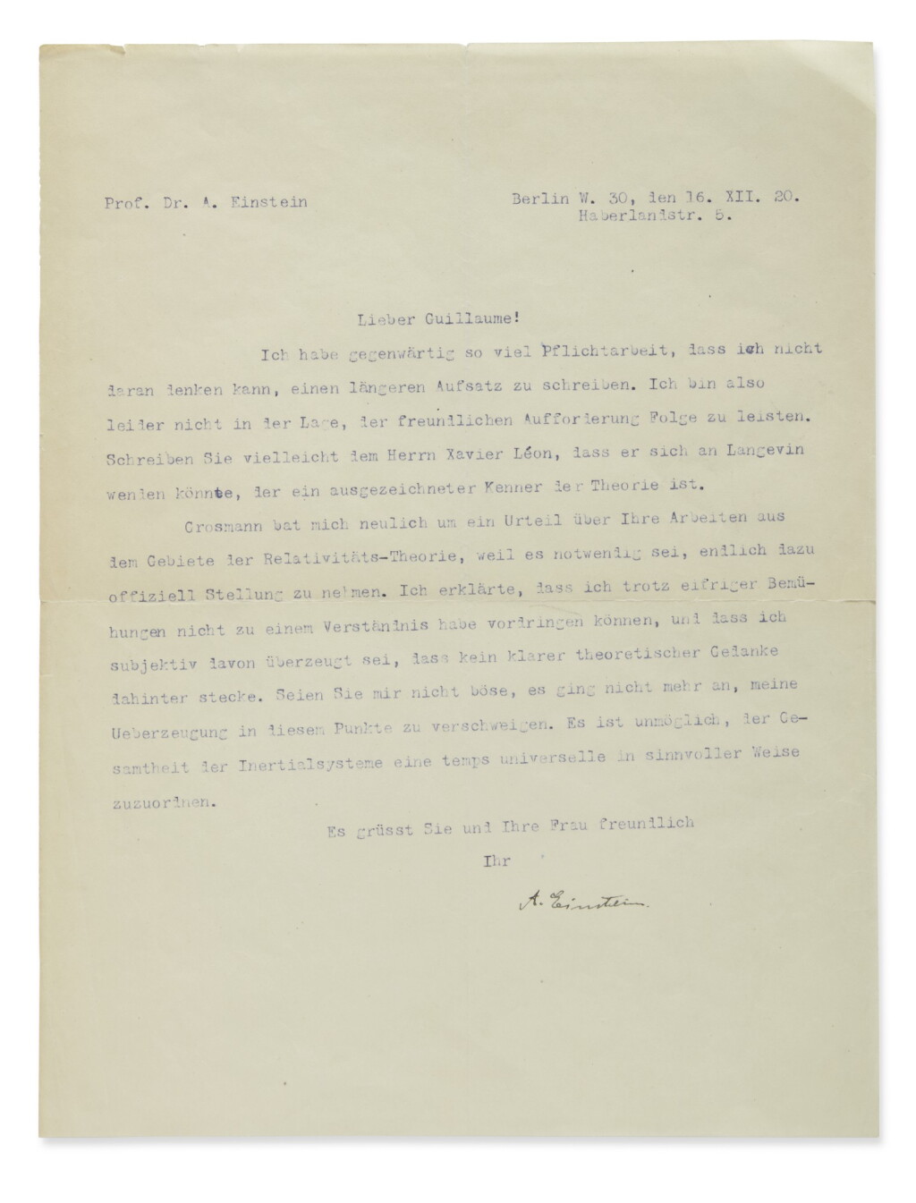 View full screen - View 1 of Lot 12. EINSTEIN TLS TO CHARLES EDOUARD GUILLAUME, FEUDING OVER THE THEORY OF RELATIVITY. 1 P. 16 DEC 1920..