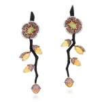Pair of carbon fibre, pink titanium, white gold, fancy sapphire, diamond and opal earrings