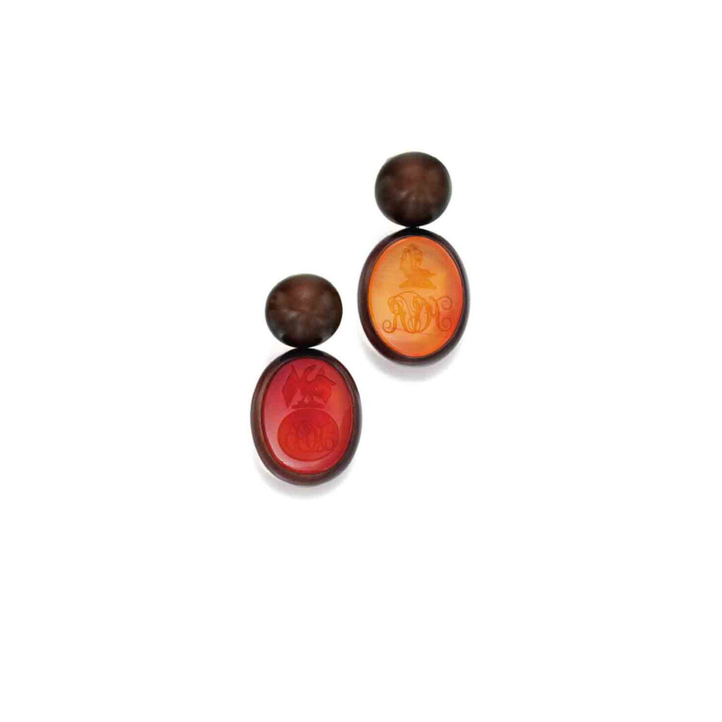 View full screen - View 1 of Lot 207. Pair of Copper and Carnelian Pendant-Earclips.