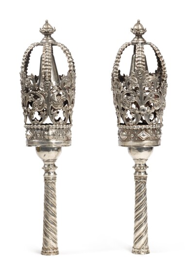 View full screen - View 1 of Lot 151. A PAIR OF CONTINENTAL SILVER TORAH FINIALS, LATE 17TH CENTURY AND LATER.