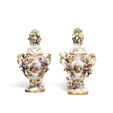 View full screen - View 1 of Lot 151. A pair of Meissen porcelain flower-encrusted two-handled vases and covers, late 19th century.