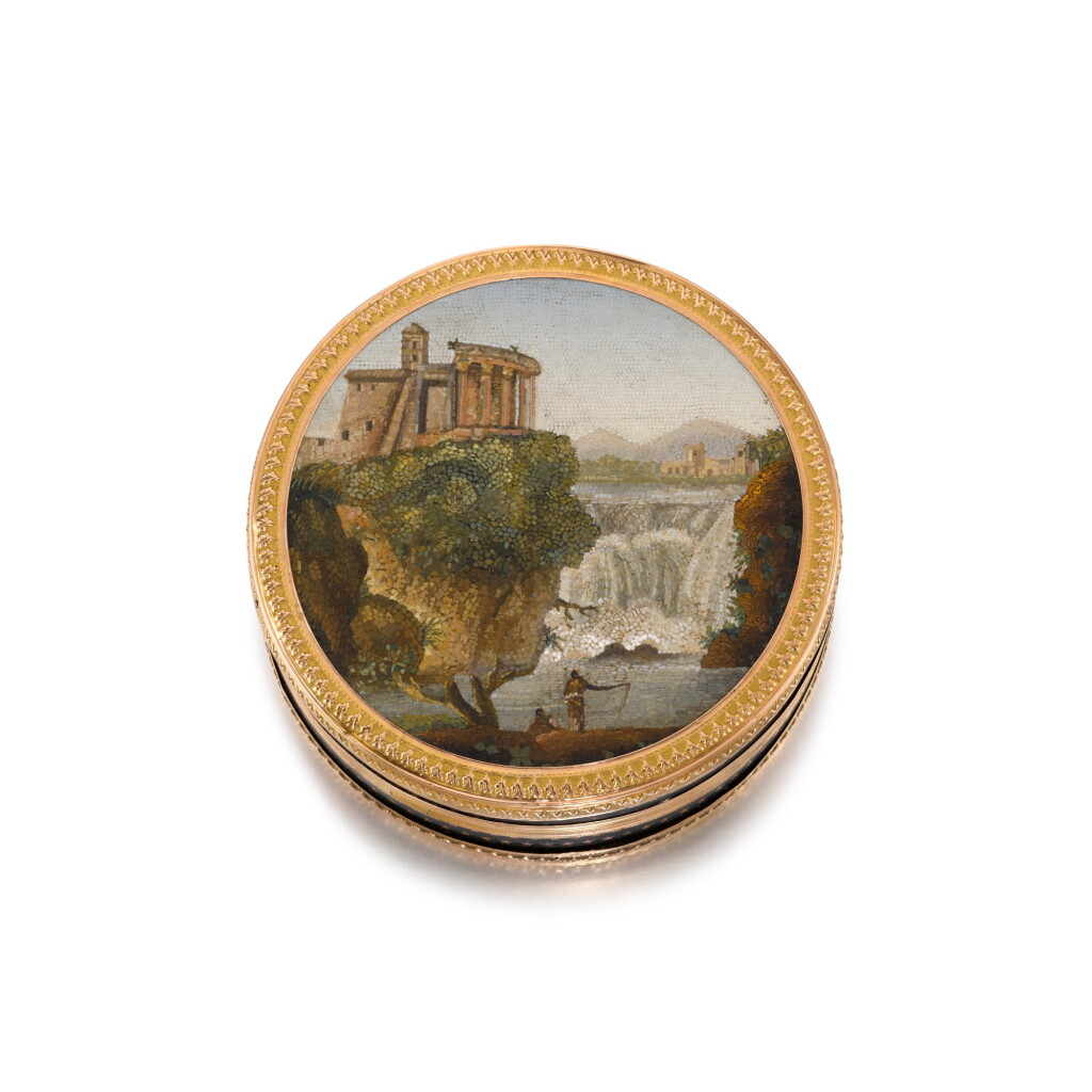 View full screen - View 1 of Lot 2. A gold-mounted micromosaic and tortoiseshell snuff box, probably French, circa 1785, the micromosaic panel Rome, circa 1800.