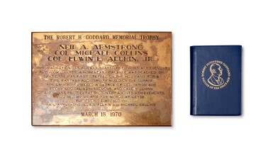 View full screen - View 1 of Lot 67. Buzz Aldrin's Goddard Trophy Plaque and Presentation Copy from Goddard's Widow of The Autobiography of Robert Goddard.