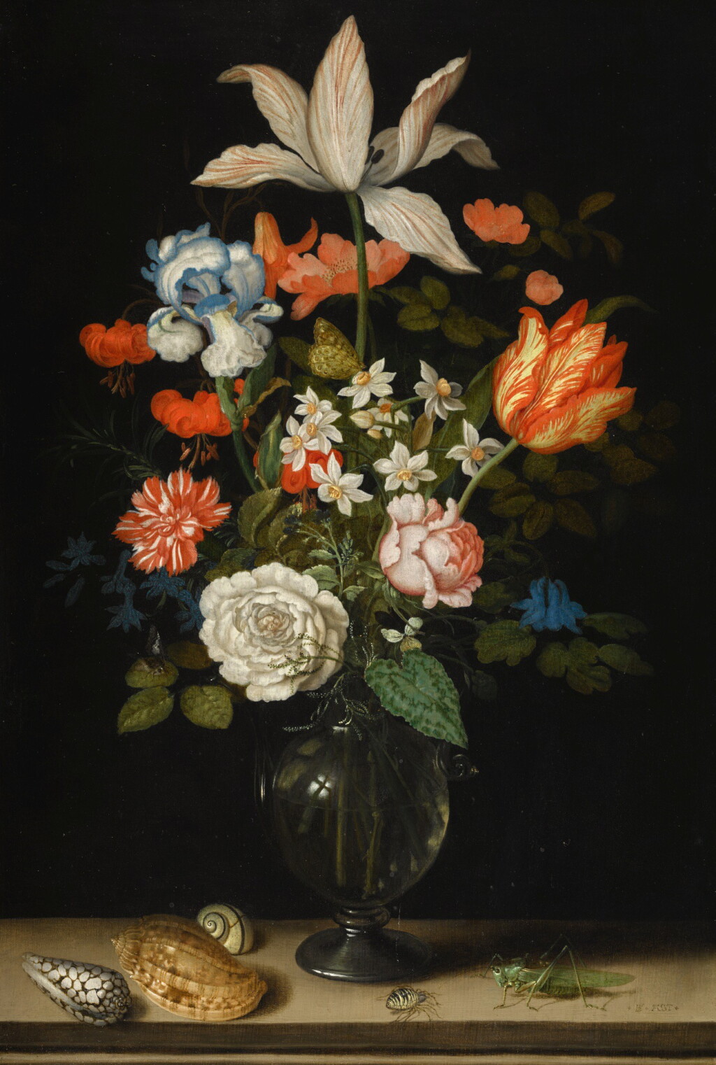 View full screen - View 1 of Lot 25. BALTHASAR VAN DER AST | Still life of mixed flowers in a glass vase, with three shells, a grasshopper and a spider on a tabletop | 巴爾薩澤・凡・德・阿斯特 | 《靜物:玻璃花瓶內的雜花與桌上的三個貝殼、蚱蜢及蜘蛛》.