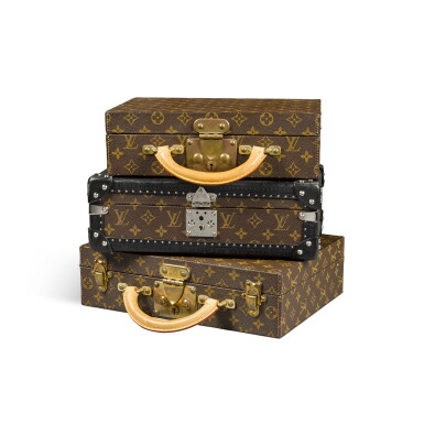 View full screen - View 1 of Lot 142. Set of Four: Monogram Canvas Watch Trunk, Macassar Ebony and Peerwood Marquery Cigar Humidor and Monogram Canvas Jewelry Boxes.