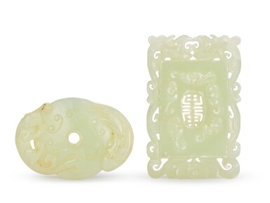 View full screen - View 1 of Lot 2076. Two pale green jade plaques Qing dynasty | 清 青白玉龍鳳呈祥璧及瑞螭拱壽紋珮.