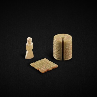 View full screen - View 1 of Lot 3013. Three archaic jade ornaments, Eastern Zhou dynasty, Warring States period - Eastern Han dynasty 東周戰國至東漢 玉飾三件.