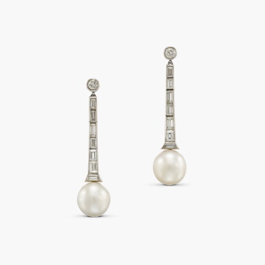 View full screen - View 1 of Lot 183. Natural Pearl and Diamond Earrings.