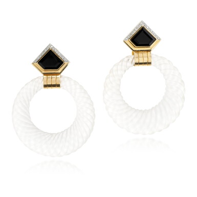 View full screen - View 1 of Lot 161. Pair of rock crystal, onyx and diamond earrings, David Webb.