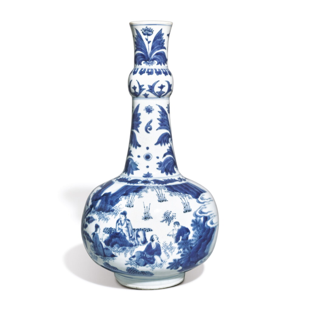View full screen - View 1 of Lot 782. A BLUE AND WHITE 'SEVEN SCHOLARS IN A GROVE' GARLIC NECK VASE, TRANSITIONAL PERIOD, CIRCA 1640.