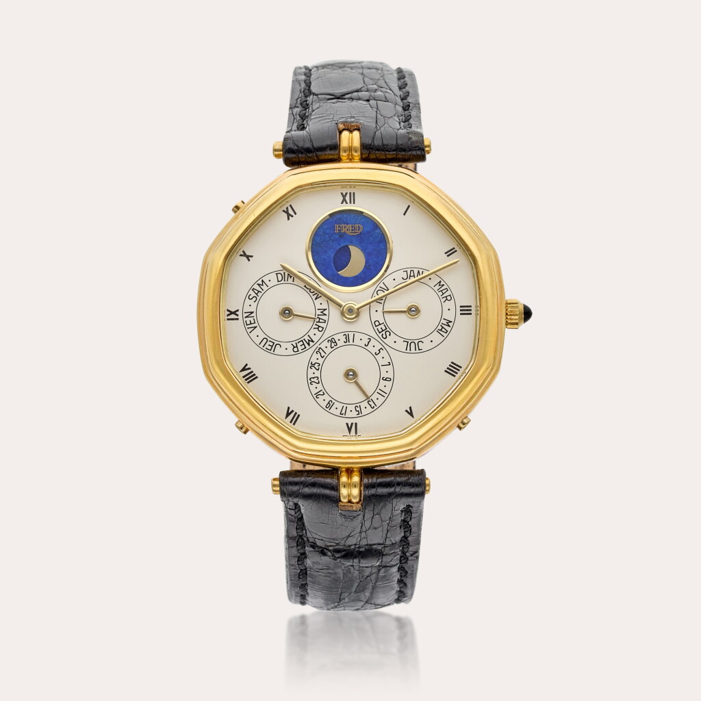 View full screen - View 1 of Lot 479. Reference G1840.4 | A yellow gold octagonal-shaped automatic perpetual calendar wristwatch with moon phases, Circa 1985.