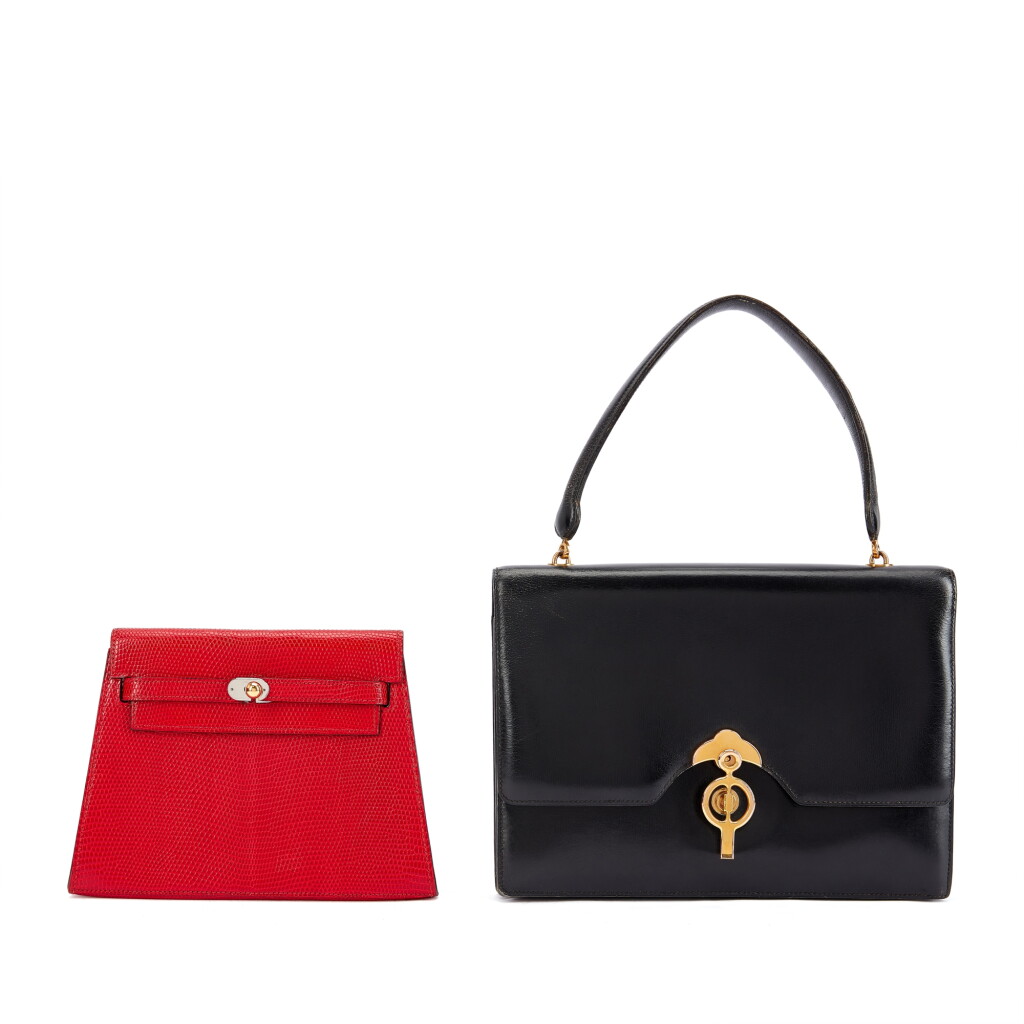 View full screen - View 1 of Lot 3149. Set of Two Black Box Filet Bag Gold Hardware and Rouge Vif Shiny Salvator Lizard Kelly Crutch Clutch Electrum Hardware, 1989.