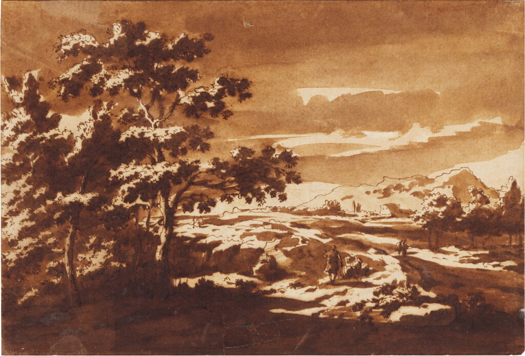 View full screen - View 1 of Lot 166. A wooded landscape with figures and sheep.