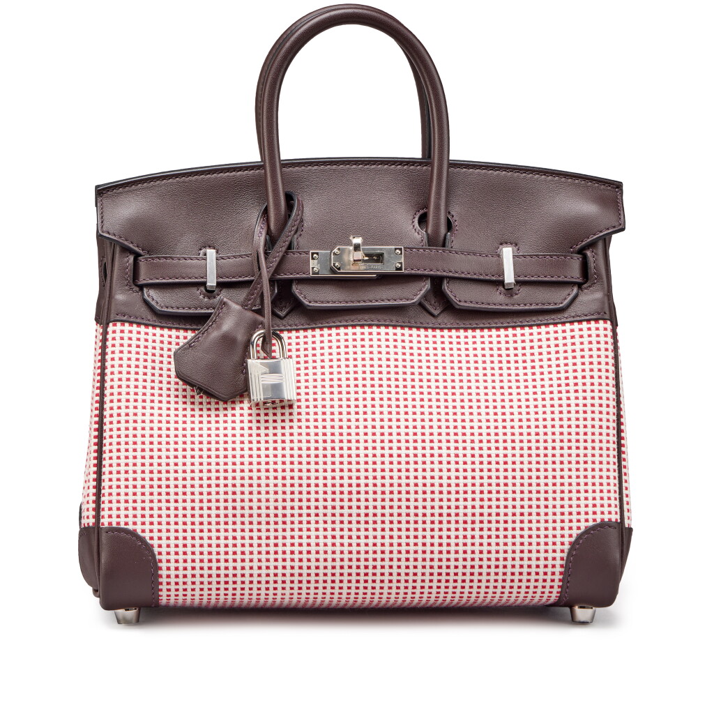 View full screen - View 1 of Lot 6. Limited Edition Rouge Sellier Swift and Framboise and Ecru Toile Quadrille Birkin 25 Palladium Hardware, 2023.