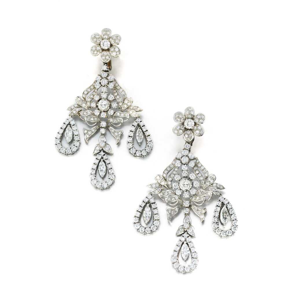 View full screen - View 1 of Lot 1085. A pair of diamond ear clips, circa 1960.