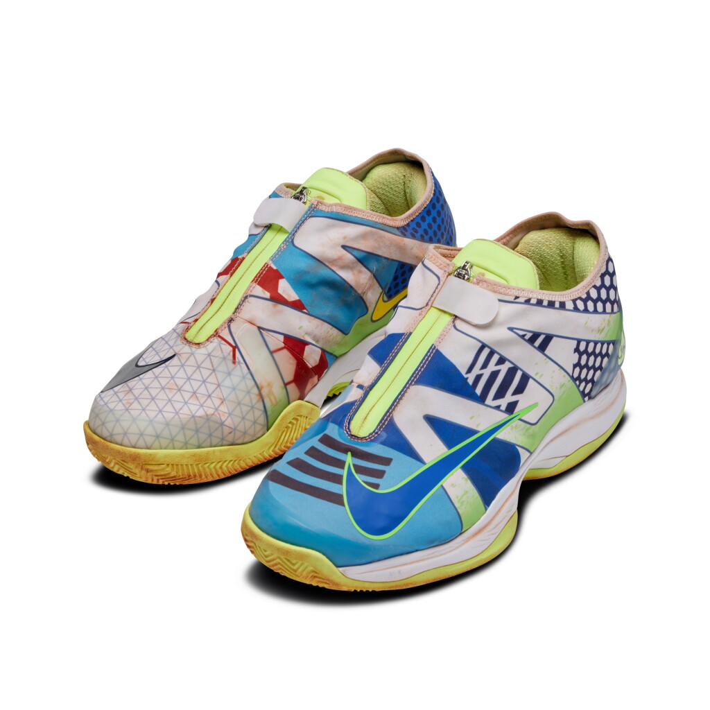 View full screen - View 1 of Lot 16. Rafael Nadal 2019 French Open Match Worn 'What The' Sneakers | Worn in 2 Matches | Championship Run.