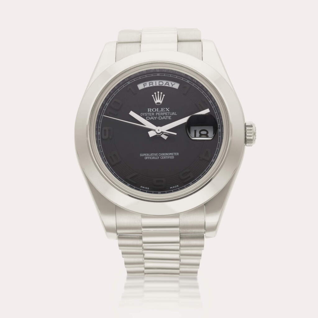 View full screen - View 1 of Lot 106. Reference 218206 Day-Date II | A platinum automatic wristwatch with day, date, and bracelet, Circa 2010.