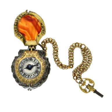 View full screen - View 1 of Lot 403. Augsburg A gilt brass, silver, and agate, shell-form watch, Circa 1650 .