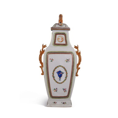View full screen - View 1 of Lot 331. A Large Chinese Export Rectangular Section Vase and Cover, Qing Dynasty, Qianlong Period, Circa 1795 | 清乾隆 約1795年 粉彩浮雕西洋甕紋蓋瓶.