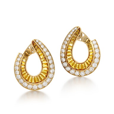 View full screen - View 1 of Lot 84. Pair of citrine and diamond earrings.