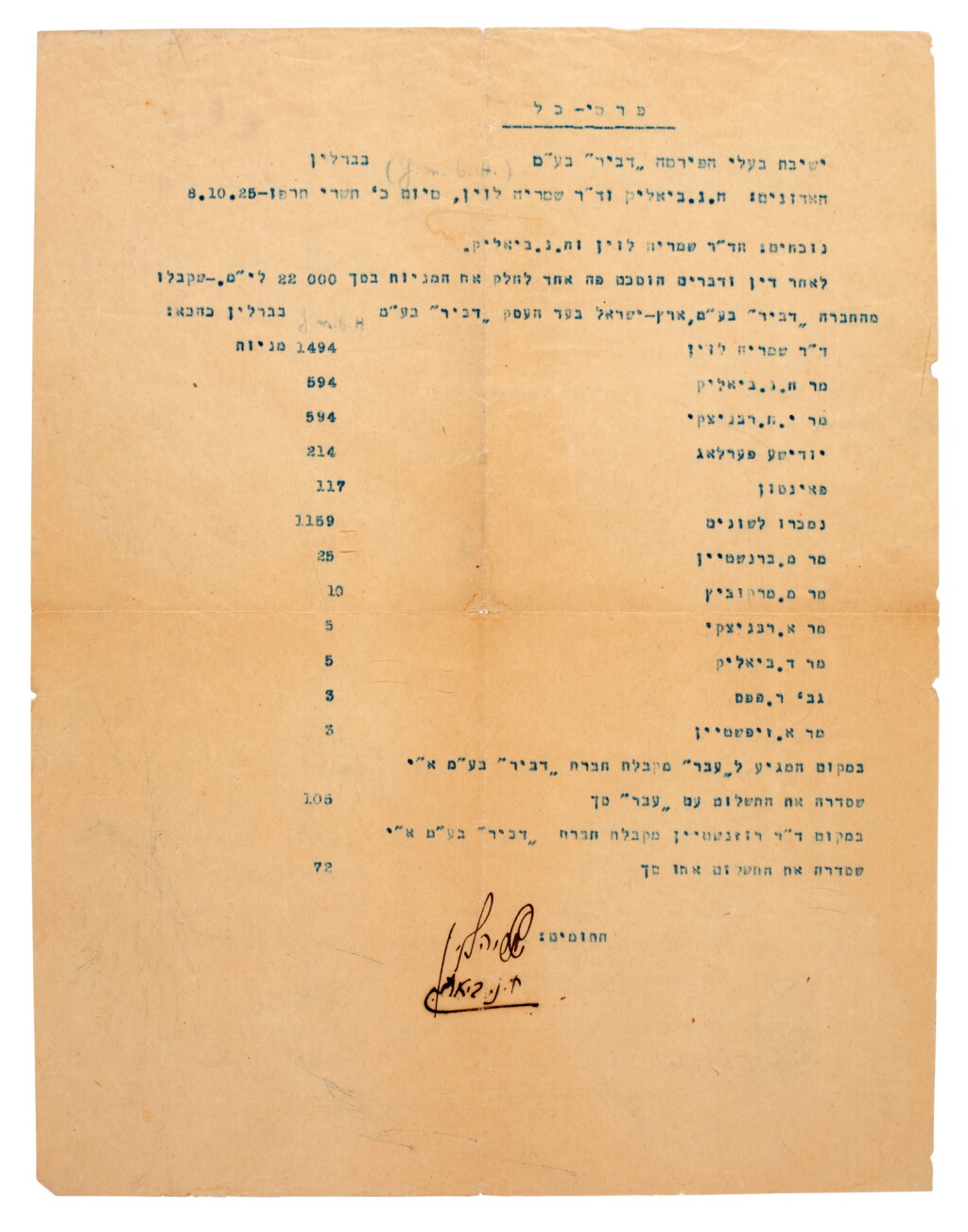 View full screen - View 1 of Lot 182. BIALIK | three letters and documents, 1925-27.