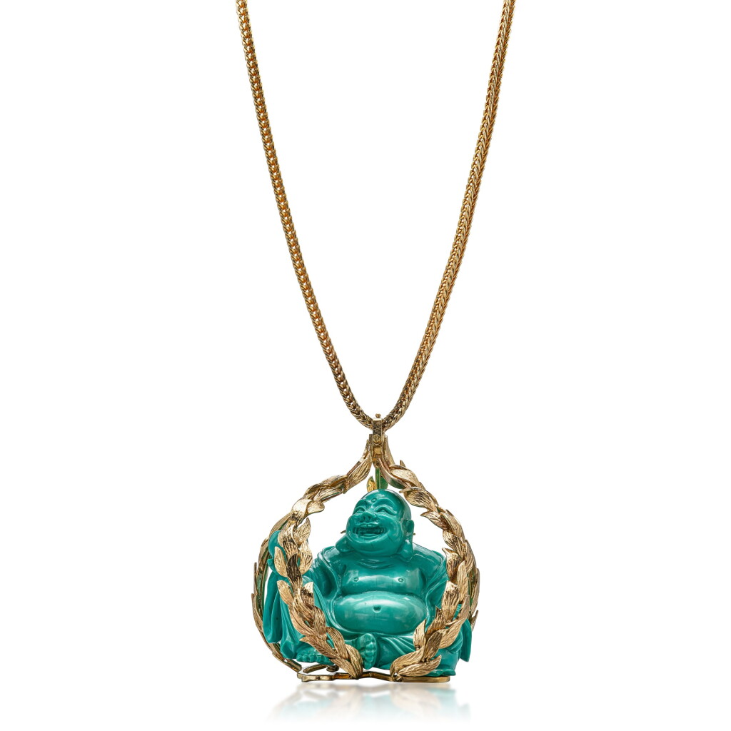 View full screen - View 1 of Lot 1625. Carved Turquoise and Gold Pendent Necklace | Asprey | 雕綠松石 配 K金 吊墜項鏈.