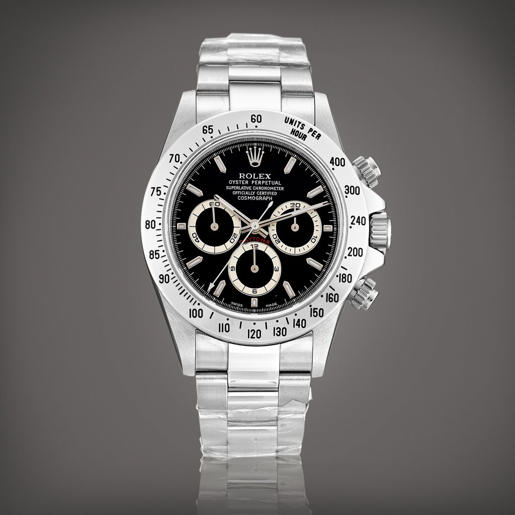 View full screen - View 1 of Lot 869. Cosmograph Daytona, Reference 16520 | A brand new stainless steel chronograph wristwatch with bracelet, Circa 1999 | 勞力士 | Cosmograph Daytona 型號16520 | 全新精鋼計時鏈帶腕錶,約1999年製.