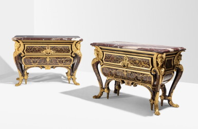 View full screen - View 1 of Lot 125. A pair of Louis XIV style gilt-bronze mounted brass and tortoiseshell marquetry ebony commodes, late 19th century, by Emmanuel Zwiener, after the model by André-Charles Boulle made for Louis XIV.