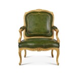 A Large Louis XV Carved Giltwood Green Leather Upholstered Fauteuil à la Reine, Mid-18th Century